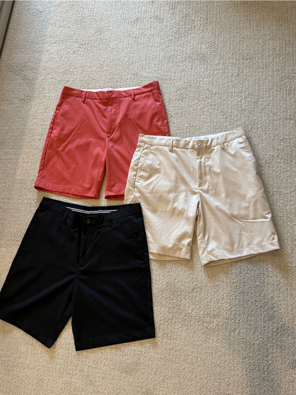Amazon Essentials Men’s Flat Front Shorts in Coral, Black, and Cream